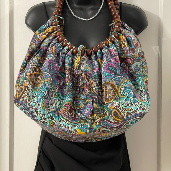 Vibrant Paisley Hobo Bag with Wooden Bead Handles - Picture 4 of 14